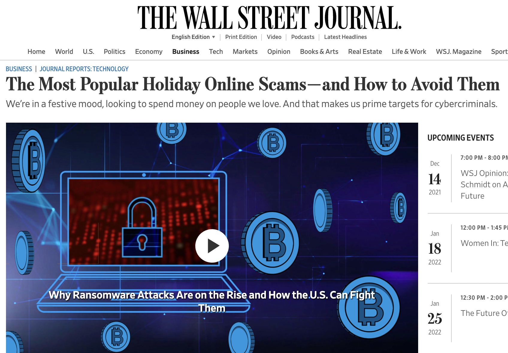 Professor Kevin Curran, Ulster University in an interview with the Wall Street Journal on various email & SMS scams which can arise during the holidays.