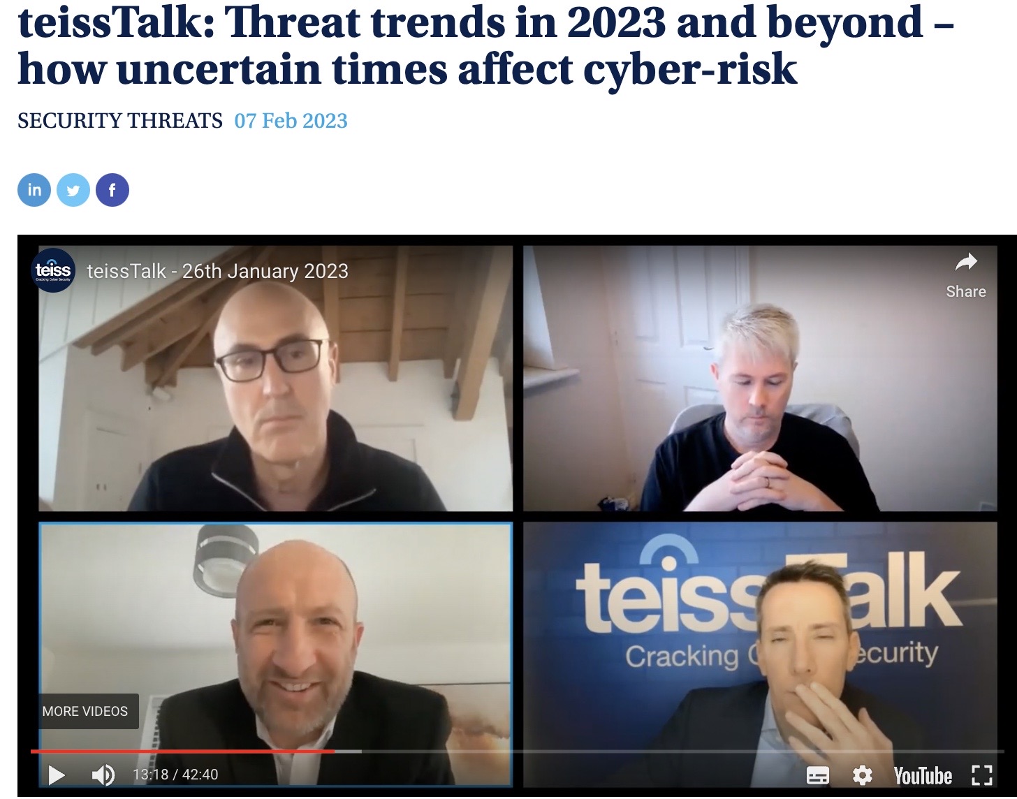 Professor Kevin Curran, Ulster University in an interview on the award winning cybersecurity podcast teissTalk about the cyberthreat landscape for 2023 along with Todd Wade, CISO, Lloyds Intelligence & Jamie Moles, ExtraHop.
